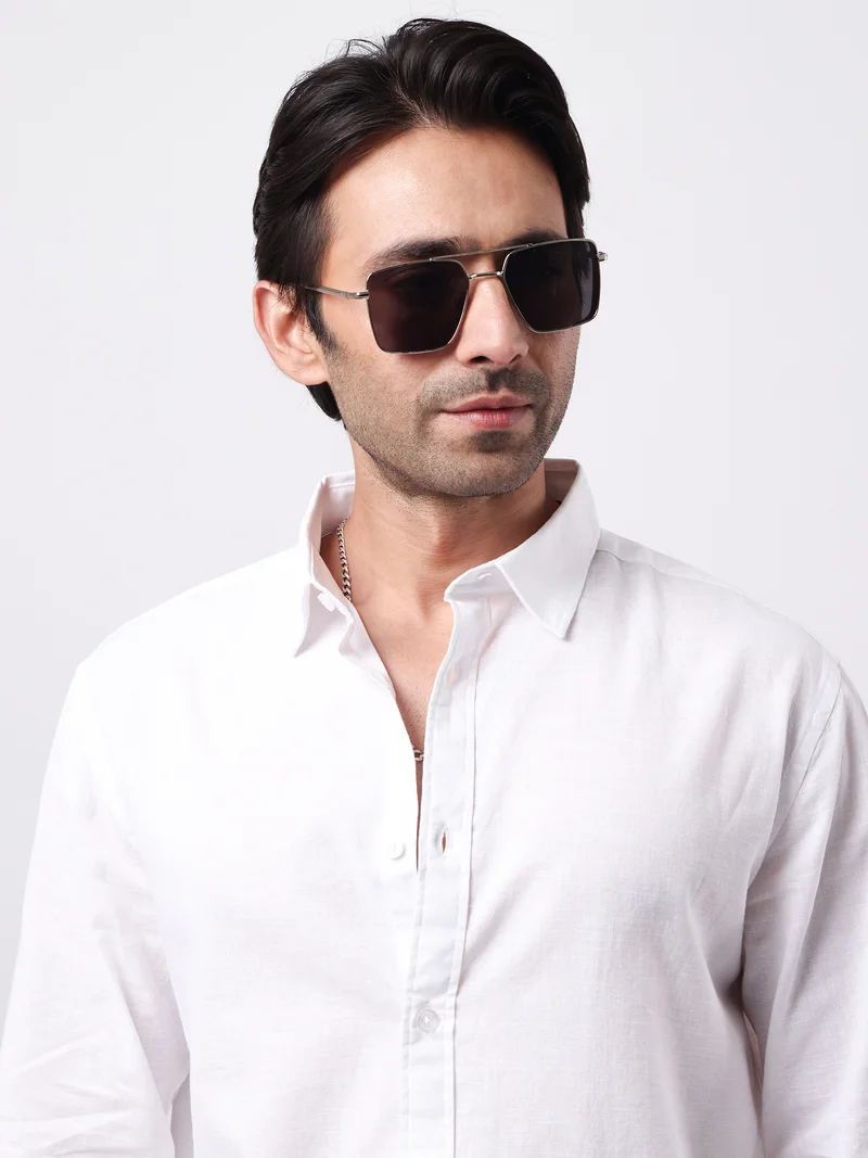 مانياك Maniac Solid Mens Collared Neck Full Sleeve Cotton Linen White Shirt